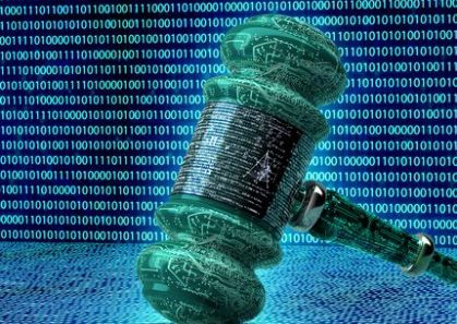 legal computer judge concept, cyber gavel,3D illustration Gavel with digital ones & zeros in the background.
