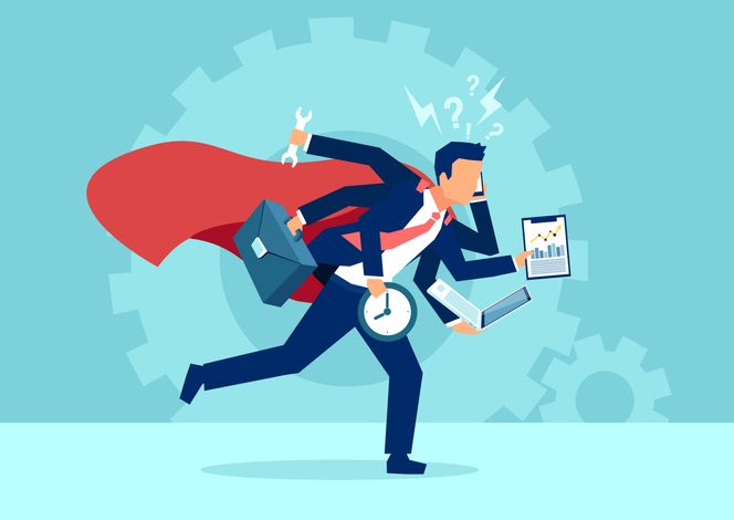 Vector of a business man super hero running in a hurry multitasking. Harried man in suit, running and carrying brief case, tools, charts and a clock.