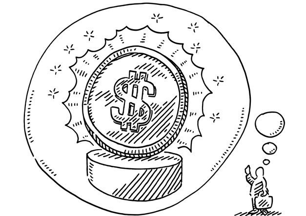 Businessman Dreaming About US Dollar Coin Drawing Cartoon coin on a block, with man thinking about it.
