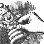 Line drawing of hand holding a figurine of a distressed king.