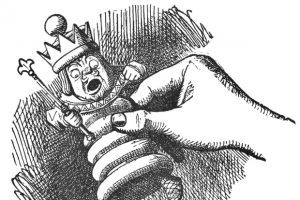 Line drawing of hand holding a figurine of a distressed king.