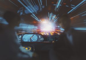 Confusing night-time view out the windshiel of a self-driving car.