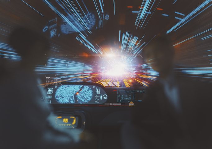Generic autonomous concept car Confusing night-time view out the windshiel of a self-driving car.
