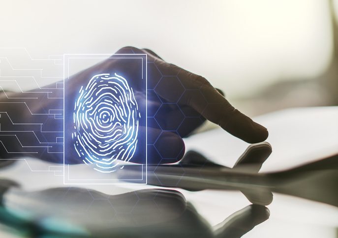 Multi exposure of abstract graphic fingerprint sketch and hand working with a digital tablet on background, fingerprint scan data concept A large image of a fingerprint superimposed over a finger pointing to Information on a page.