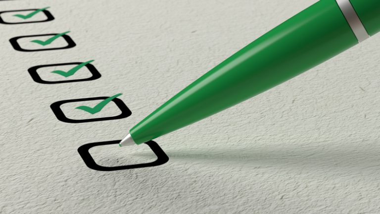 Green ball pen crossing off items from a checklist on white paper 3D illustration