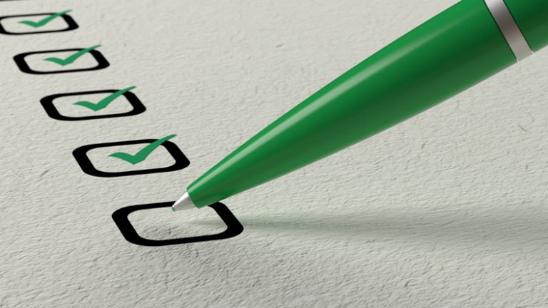 Green ball pen crossing off items from a checklist Green ball pen crossing off items from a checklist on white paper 3D illustration