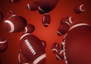 Illustration featuring many footballs floating in space.