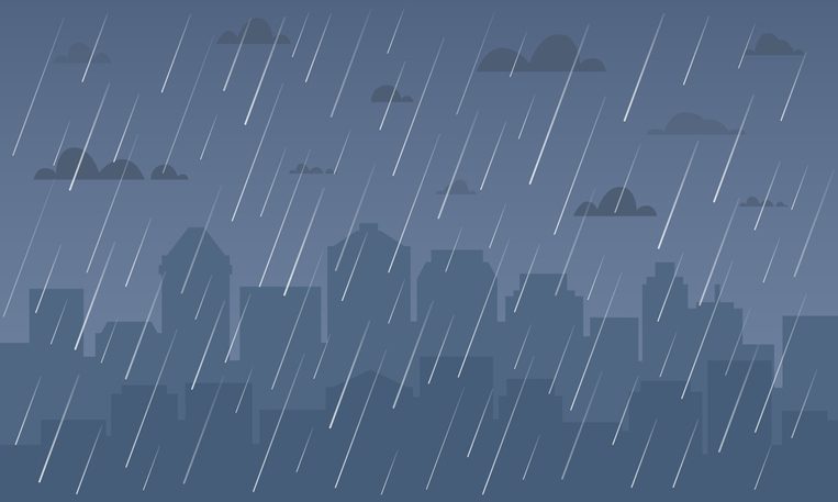 Illustration - city skyline with big raindrops in foreground.