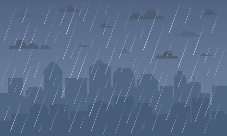 Rain in cityscape. Illustration - city skyline with big raindrops in foreground.