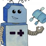 Cartoon robot juggline a device with one hand.