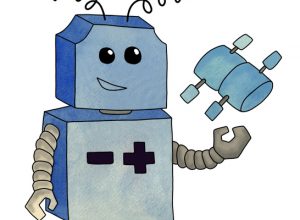 Cartoon robot juggline a device with one hand.