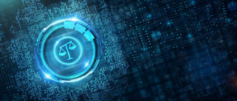 Business, Technology, Internet and network concept. Labor law, Lawyer, Attorney at law, Legal advice concept on virtual screen. A stylized rendering of electronic circuitry with justice scales superimposed over it.