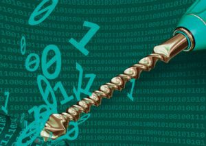 Image of realistic drill bit drilling into an abstract representation of digital zeros and ones.