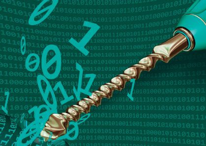 drill internet hack cybersecurity Gill Image of realistic drill bit drilling into an abstract representation of digital zeros and ones.