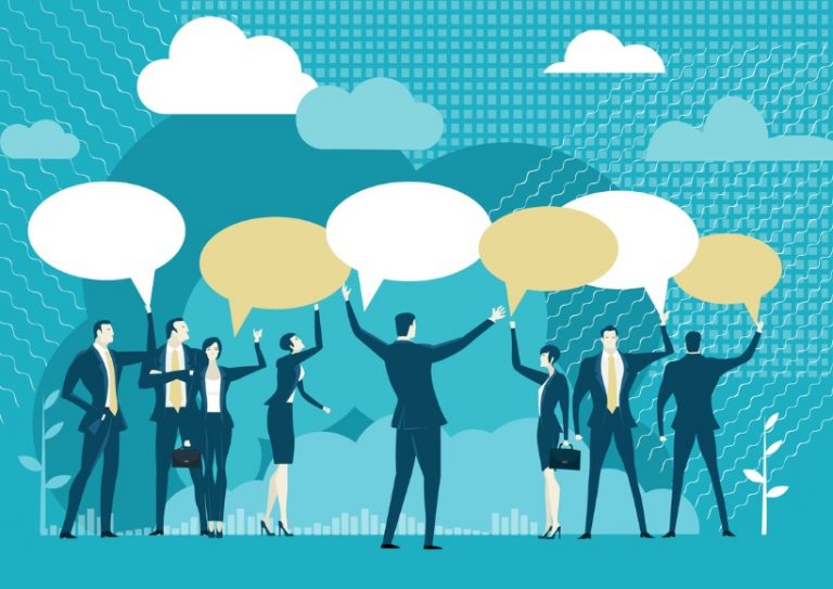 group-of-business-people-with-speech-bubbles-people-discussing-vector-id1283338368