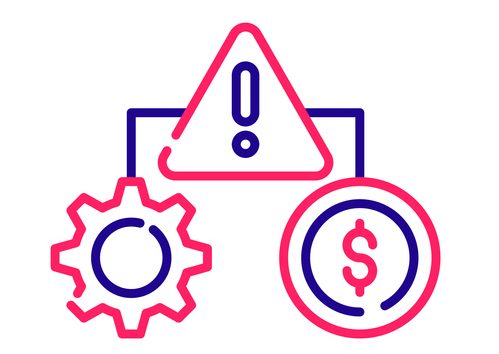 risk management vector 2 colours icon style illustration. EPS 10 File Diagnram graphic - dollar sign, gear symbol, and an exlamation point in a triangle signalling an alarm.
