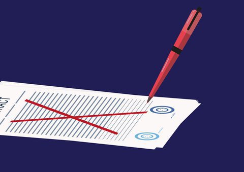 The contract has been crossed out with a red pen. Vector illustration.The concept of termination old, refusal contract. Failed deal. Violation of conditions commercial agreement. Expired treaty. A page of a contract with a big red X penned over it.