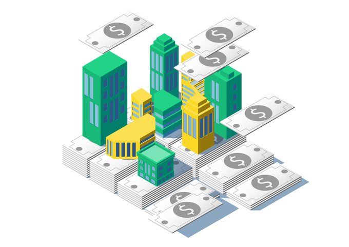Stylized model of a city block on a platform of bills (currency).