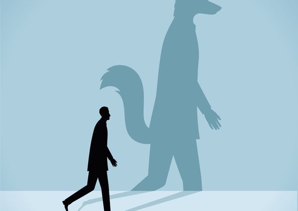 Personality Illustration Small figure casting large shadow in the shape of fox.