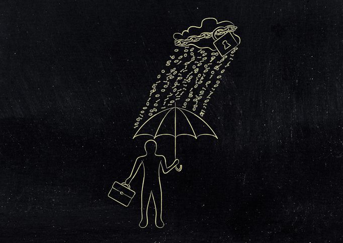 Man holding an umbrella protecting him against a rain of zeros and ones.