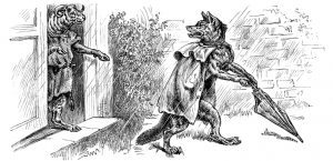 Line drawing of wolf with umbrella standing human-like on two legs, alarmed, looking back over its shoulder.