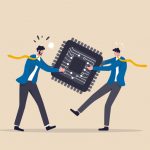 Two cartoonish figures struggling over possession of an oversized representation of a chip.