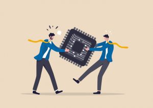 Two cartoonish figures struggling over possession of an oversized representation of a chip.