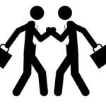 Silhouette rendering of two businessmen with briefcases either squaring off or shaking hands, it's hard tdo tell.