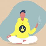 A color illustration of a person sitting cross-legged and smoking a joint.