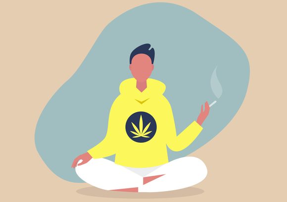Young relaxed male character sitting in a meditative lotus pose and smoking a joint, cannabis consumer, millennial lifestyle A color illustration of a person sitting cross-legged and smoking a joint.