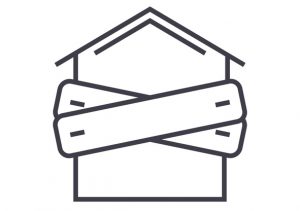 Stylized line drawing of a house front with crossed board blocking the entrance.