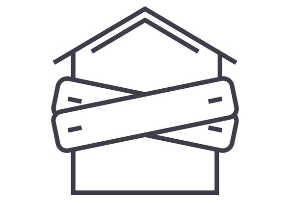 bankruptcy,boarded-up house vector line icon, sign, illustration on background, editable strokes Stylized line drawing of a house front with crossed board blocking the entrance.