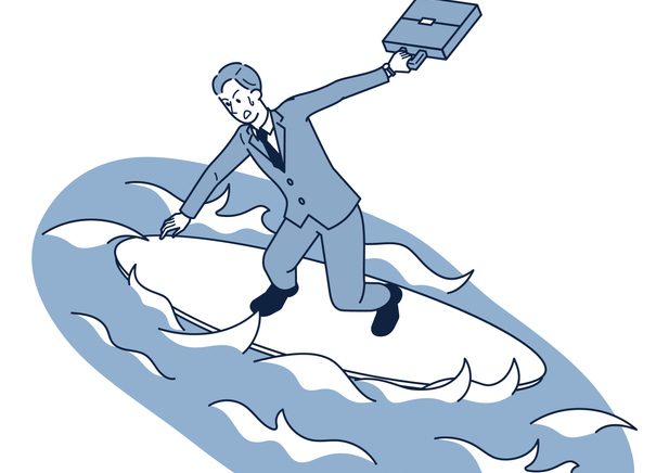 Cartoon guy in a suit, floating one some flotsom on a lake, swinging his briefcase.