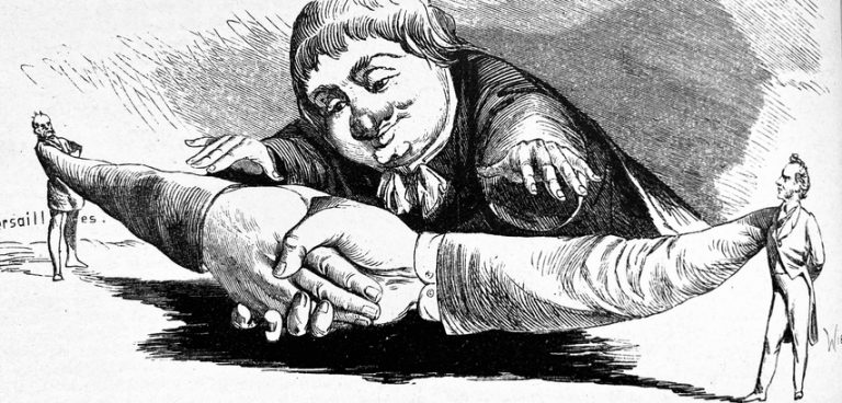 Two men shake hands wide enough, overlooked by a mediator Retro drawing of benign judge figure looking at two figure with oversized shaking hands.
