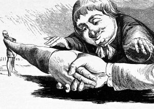 Retro drawing of benign judge figure looking at two figure with oversized shaking hands.