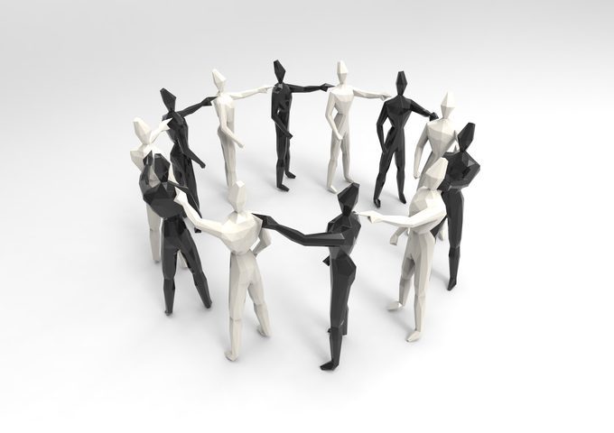 Wooden human figures in a circle, holding hands.