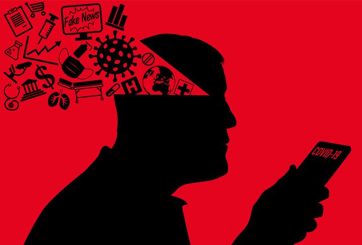 Symbolic drawing: silhouette of person's head opened with fake news symbols coming out of it, while the person is looking at a phone labeled Covid news.