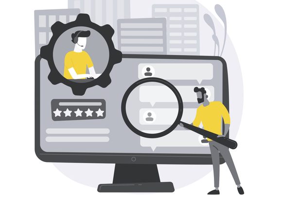 Illustration of man holding magnifying glass in front of computer screen, on which is superimposed a person in the "settings" icon.