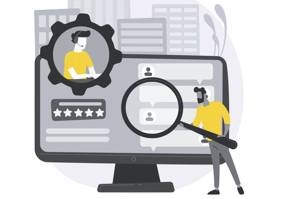 Customer self-service abstract concept vector illustration. Illustration of man holding magnifying glass in front of computer screen, on which is superimposed a person in the "settings" icon.