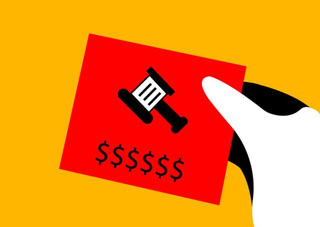Penalty and issue of fine by court order Styllized hand holding a card on which is pictured a gavel and dollar signs