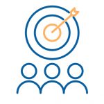 Three stylized human figures looking at a target with an arrow stuck in the bullseye.