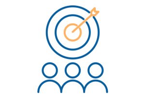 Three stylized human figures looking at a target with an arrow stuck in the bullseye.