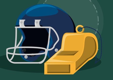American football design Two objects on a dark background: a football helmet and a whistle