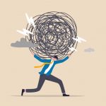 Cartoon man shouldering a load rendered as a scribble and punctuated with lightening bolt.