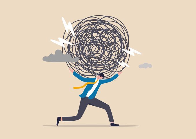 Stress burden, anxiety from work difficulty and overload, problem in economic crisis or pressure from too much responsibility concept, tried exhausted businessman carrying heavy messy line on his back Cartoon man shouldering a load rendered as a scribble and punctuated with lightening bolt.