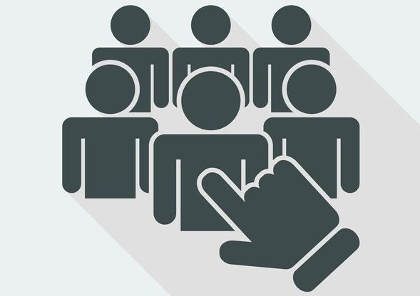 Staff selection icon Abstract black & white illustration: finger pointing at one of a group of human shadow figures.
