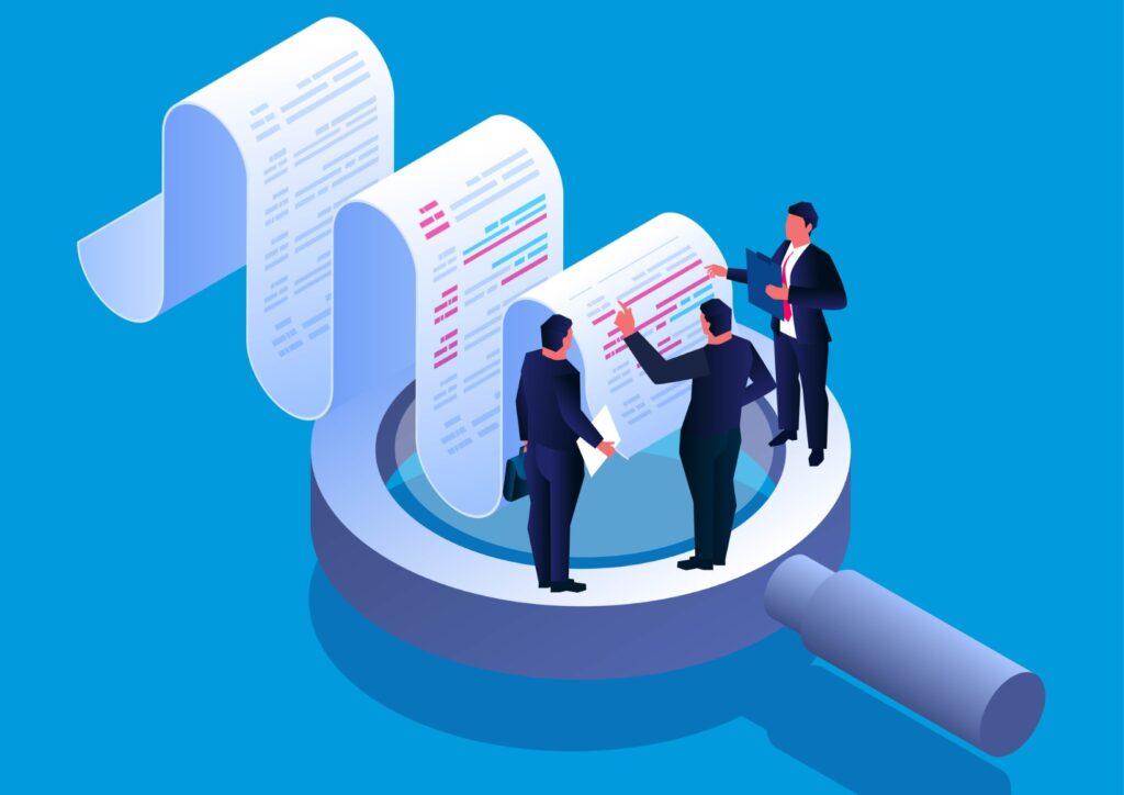document-analysis-and-test-check-isometric-three-businessmen-standing-on-vector-id1344504245
