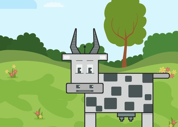 Stylized illustration of a mechanical-like cow on a painted green landscape.