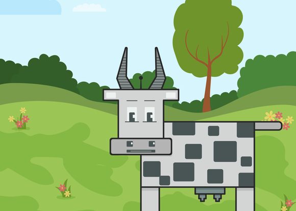 Vector robotic cow illustration Stylized illustration of a mechanical-like cow on a painted green landscape.