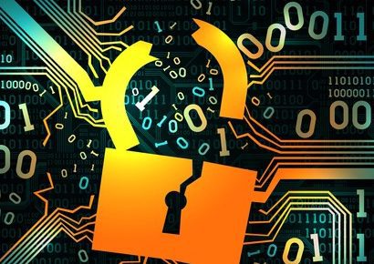 Broken lock on the background abstract electronic circuit board with binary code, hacking of a computer system, network, frame, well organized layers A broken orange padlock over a tableau of zeros and ones.